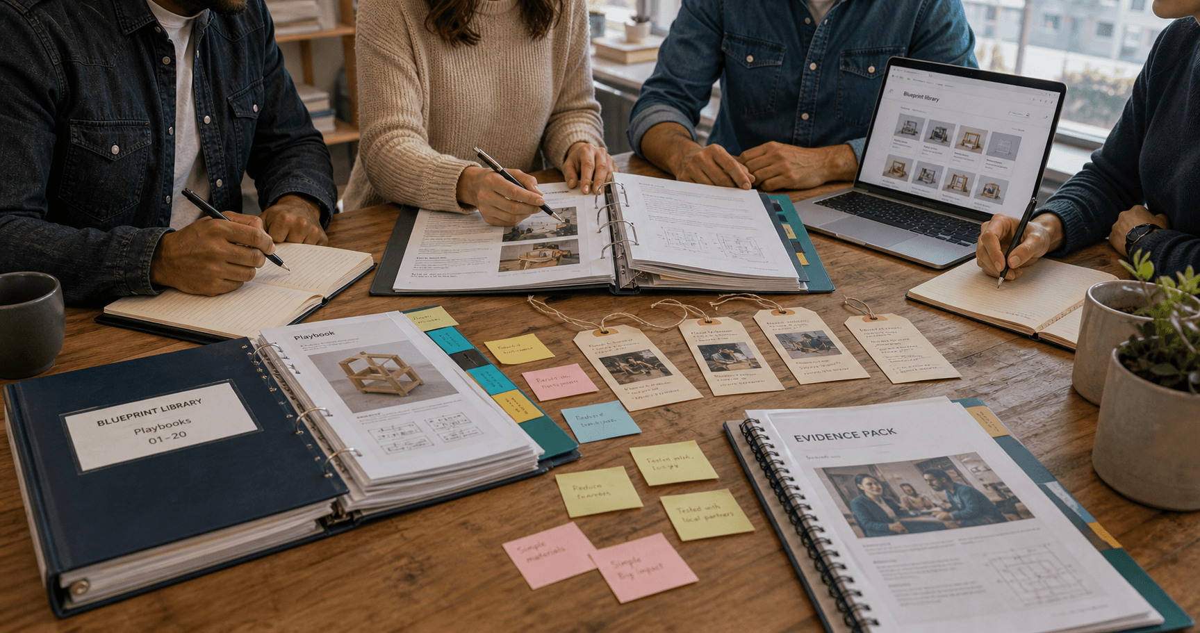 A workspace table with organized blueprint playbooks, evidence tags, notes, and a laptop knowledge base.