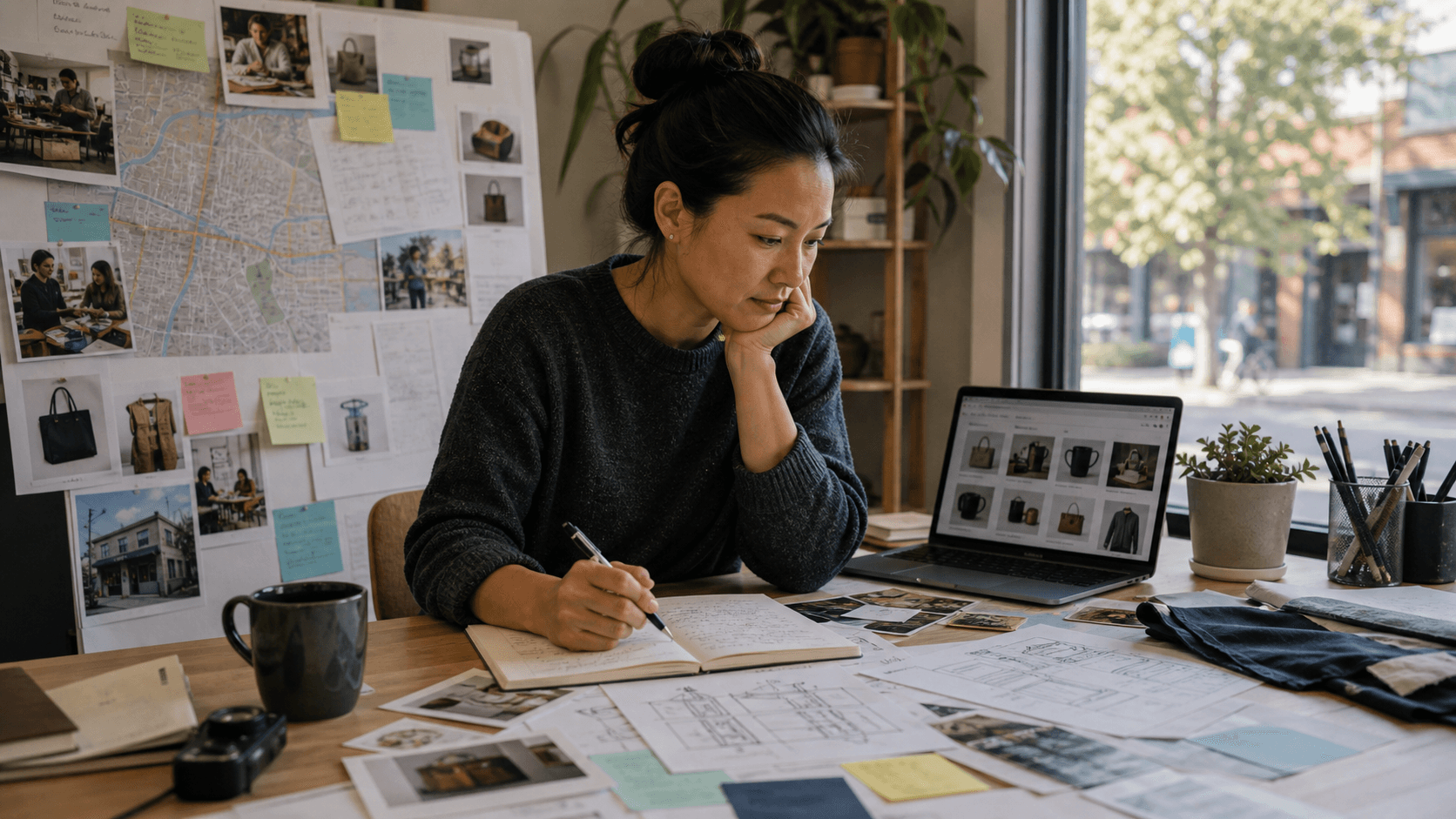 A thoughtful founder workspace with local business notes, product photos, blueprint sketches, and a laptop.