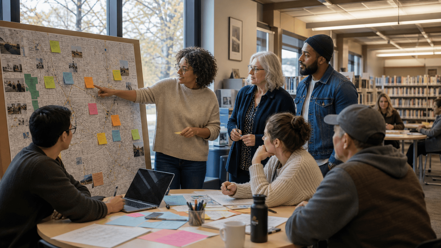 Community members discussing local problems around a large map in a library room.